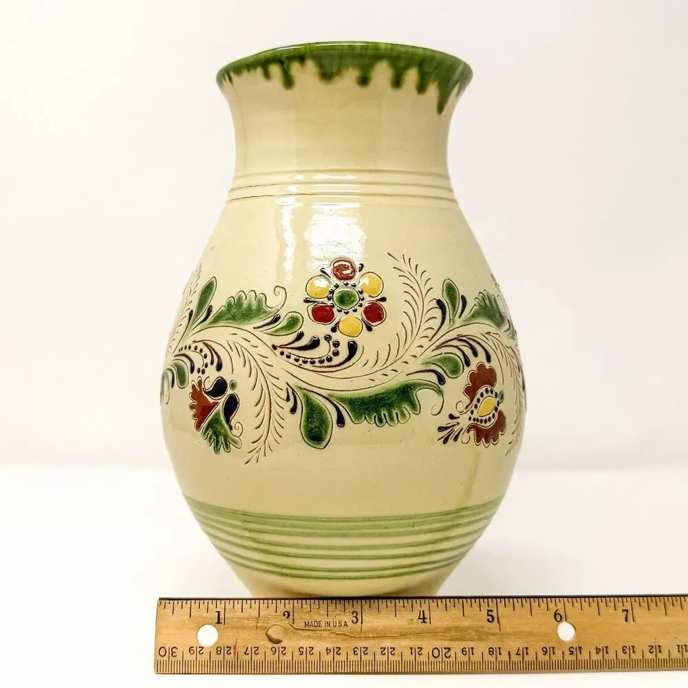 Vintage Hungarian Folk Art Studio Pottery Vase – Hand Painted – Signed 9”